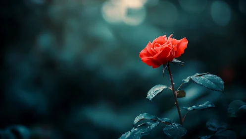 Crimson Rose Against Teal Bokeh: Botanical Portrait Study.