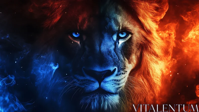 Elemental lion face divided by blue ice and red fire.