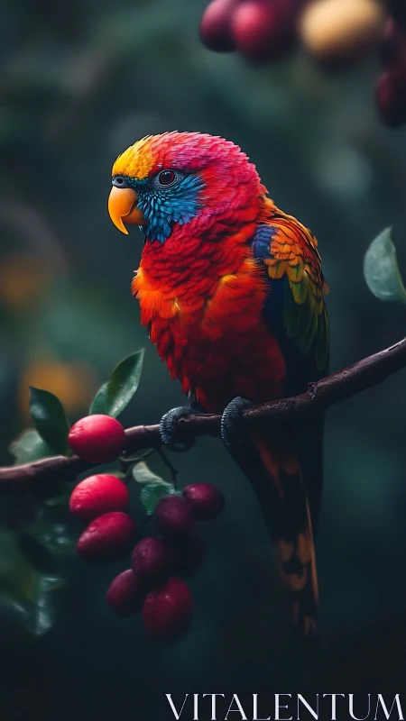 Rainforest jewel parrot perched amid moonlit berry clusters.