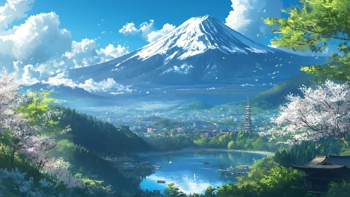 Panoramic alpine volcano over springlit lakeside metropolis.