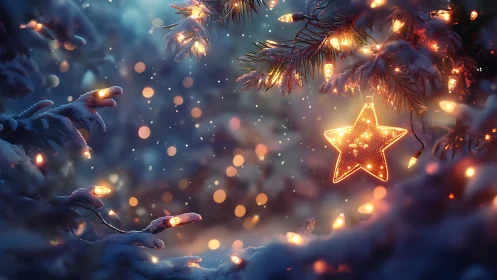 Glowing star ornament warms a snowy winter night scene