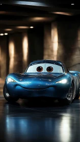 Smiling blue cartoon car under moody showroom lighting.
