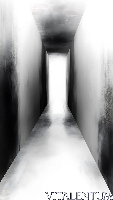 Monochrome corridor perspective with luminous vanishing point.