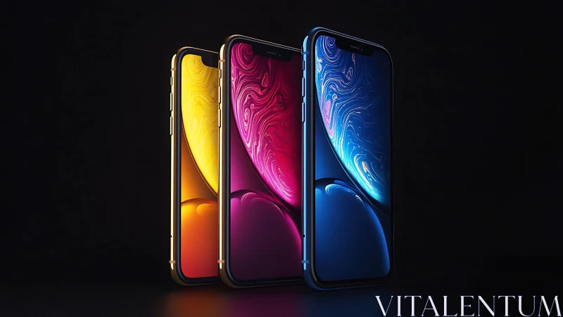 Three smartphones displaying gradient wallpapers on black background.