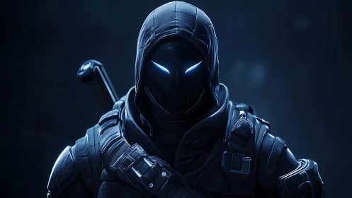 Cybernetic hooded assassin with glowing visor eyes portrait.
