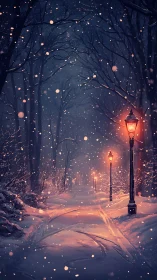 Snowy winter path under glowing lampposts at dusk.