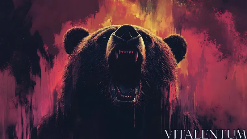 Roaring bear silhouette glows against blazing painted sky