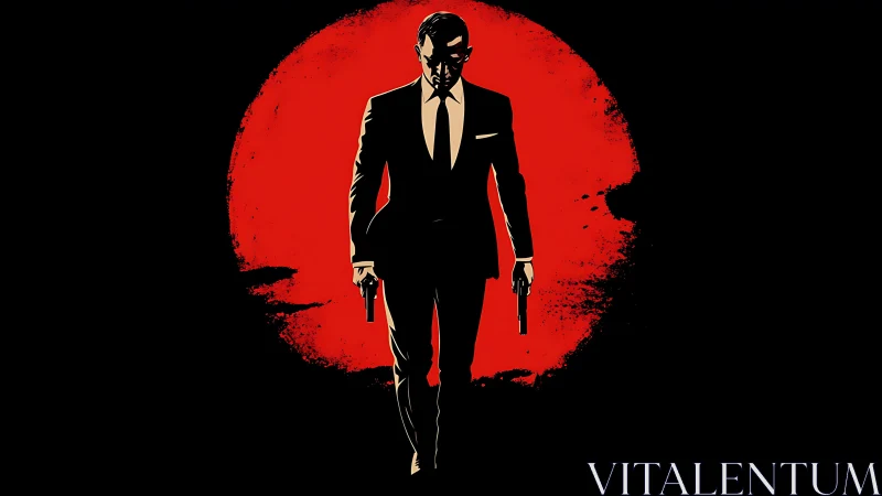 Sharp-suited gunman silhouette before bold red sun field.