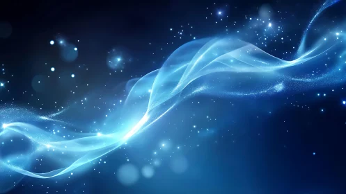 Ethereal blue light wave with glowing stars in abstract digital style.