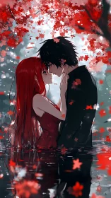 Tender anime couple sharing a quiet moment under red leaves.