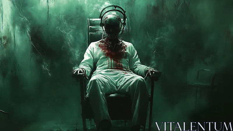 Electro-necrotic restraint subject in hemorrhagic headset chair.