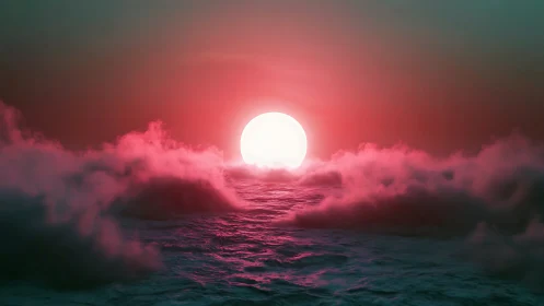 Digital horizon shows luminous sun above stylized ocean waves