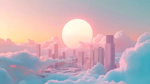 Dreamy pastel skyline floating in clouds at sunrise.