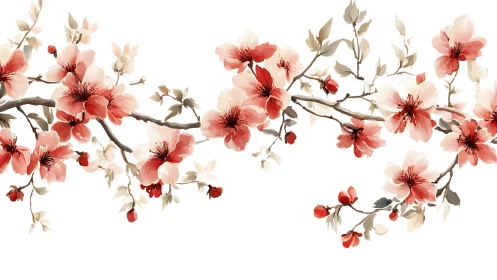 Watercolor Cherry Blossoms on Branches with Buds