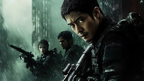 Armed tactical team under heavy rain in dark city streets.