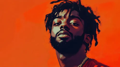 Digital portrait of man with beard on solid orange backdrop.