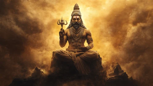 Radiant divine yogi sits in serene golden mountain light