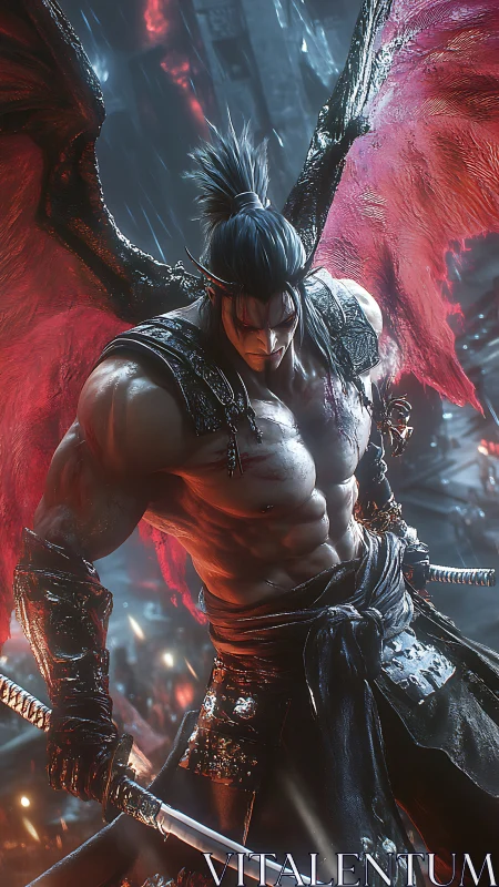 Demonic swordsman with tattered red wings in cinematic volumetric rain