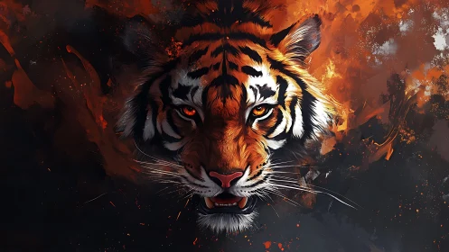 Fireborn tiger erupts from embers in a storm of wild color.