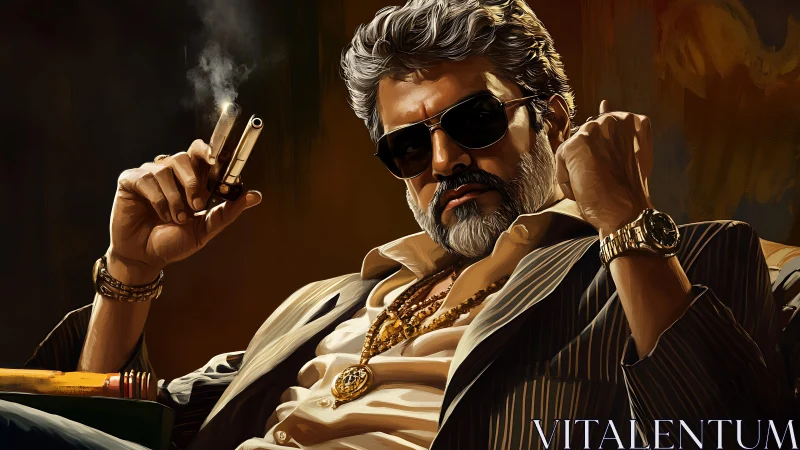 Digital painting portrait of stylish cigar-smoking mob boss.