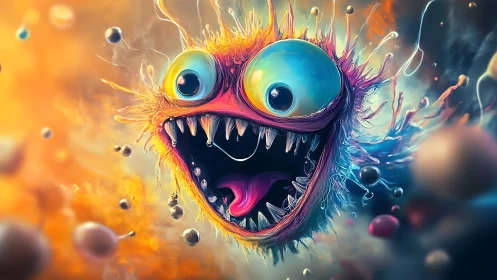 Multicolored spherical creature with teeth in abstract field.