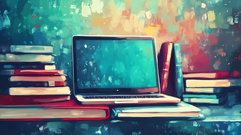 Laptop rests among colorful books in digital study scene.
