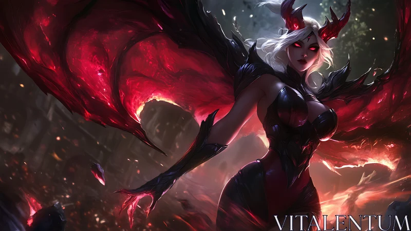Fiery winged sorceress rising in a storm of crimson power.
