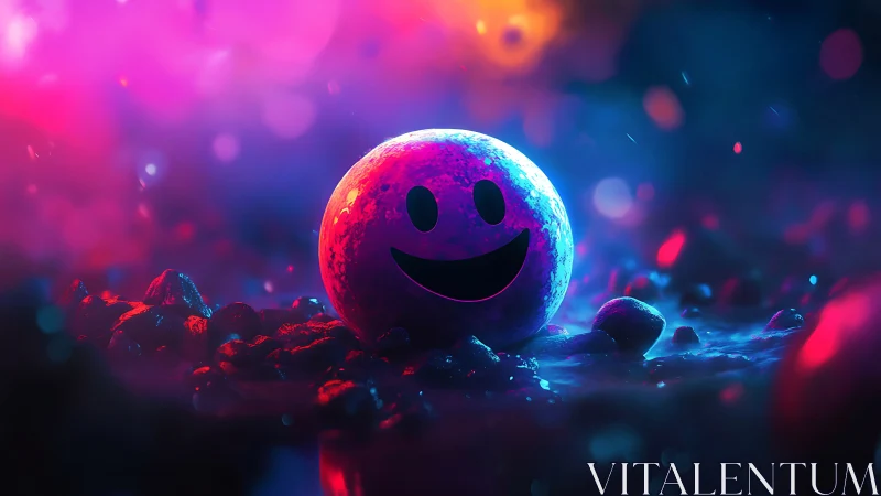 Smiling neon planet orb beaming in candy-colored fog.