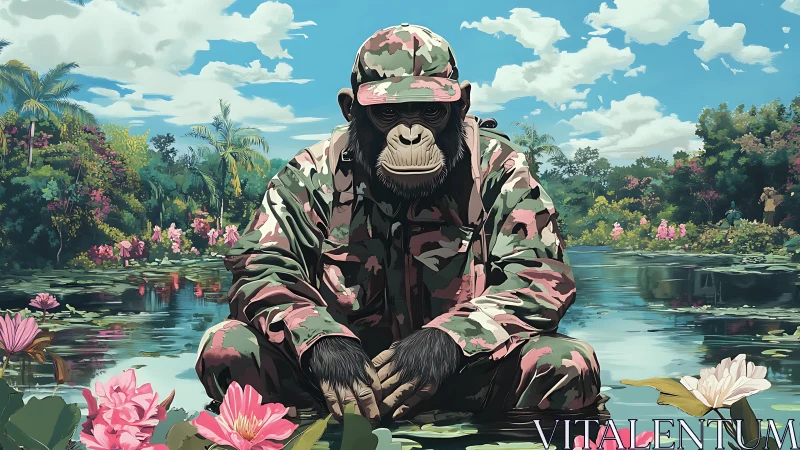 Contemplative chimp in calm jungle pond, wrapped in camo.