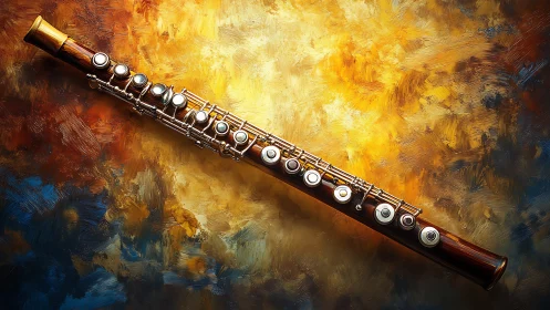 Wooden concert flute glows against swirling golden canvas.