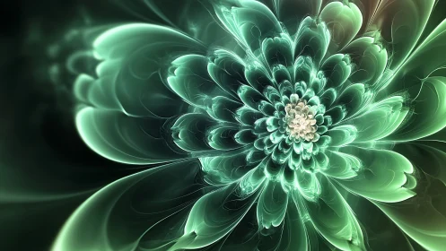 Radial fractal structure forms layered, translucent green petals