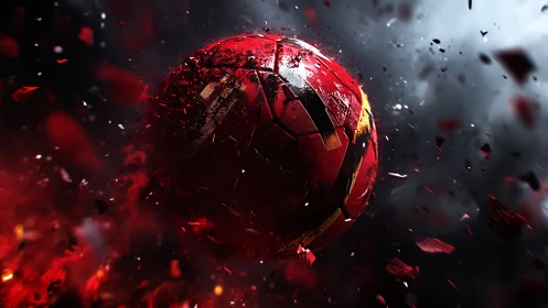 3D dynamic red sphere shattering through dark atmospheric field.