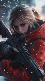 Armed Warrior in Snow: Digital Portrait of Strength