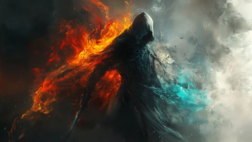 Elemental wraith strides through fire and frostbound storm.