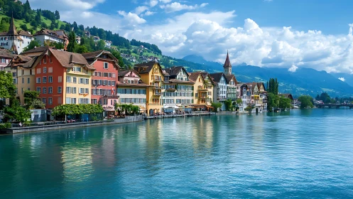 Lakeside Swiss facades sipping sunlight beside blue mountains.