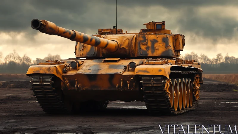 Storm-brewed yellow battle tank under brooding winter sky.
