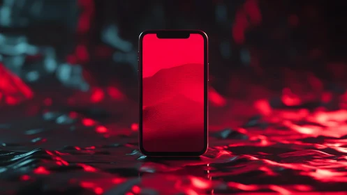 Modern smartphone on reflective surface with dramatic red lighting.