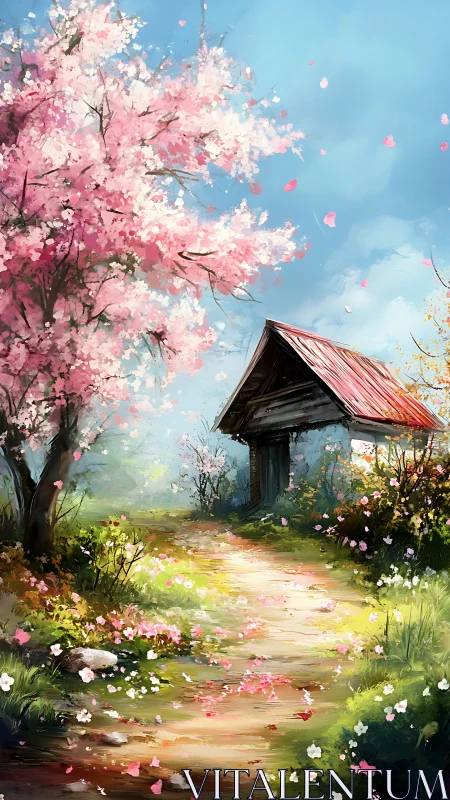 Spring garden path to rustic shed under blooming cherry canopy