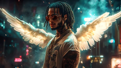 Neon street angel with glowing wings in cinematic haze.