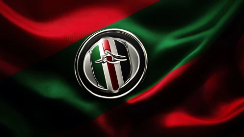 Chrome emblem on red and green satin flag background.