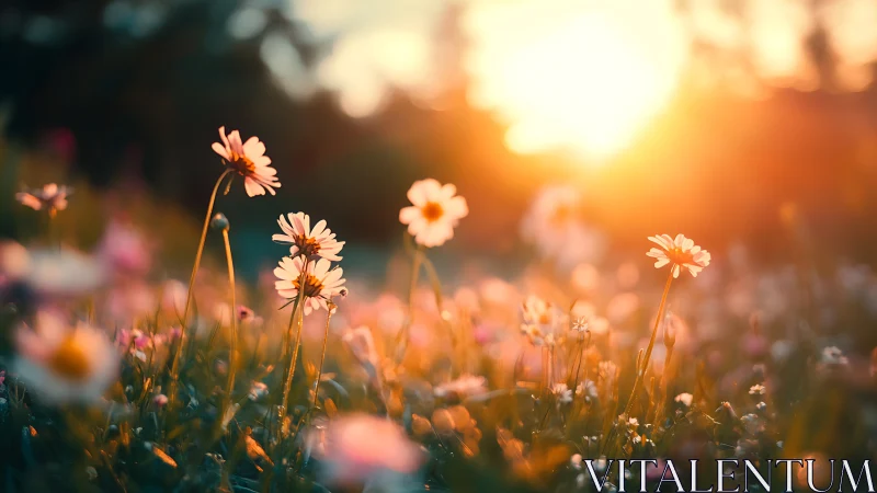 Daisies illuminated by golden hour sunlight with shallow depth of field
