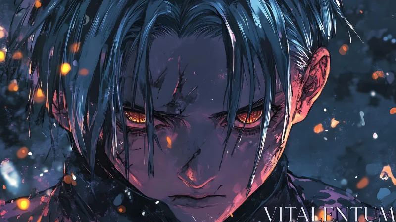 Close-up of intense anime character with glowing eyes.