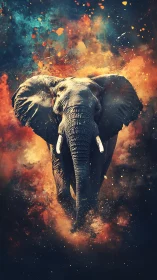 Elephant emerging through abstract clouds of color and dust.