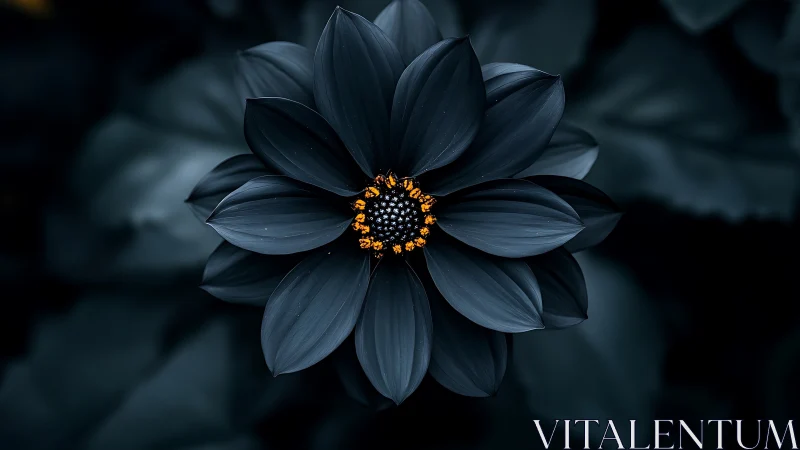 Dark petaled flower with golden center glows against blurred background.