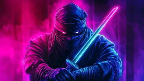Neon-lit cyber ninja portrait with dual-tone energy katana.