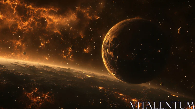 Dark planet and glowing nebula in deep space scene.