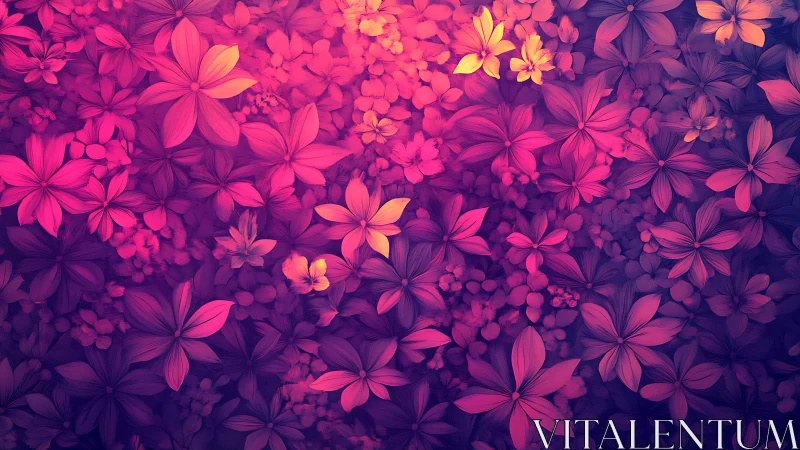 Neon floral tapestry glows in pink and violet gradients.