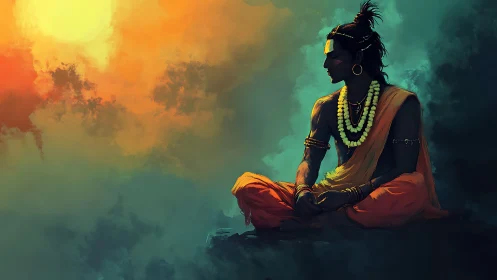 Meditative sage in orange robes under radiant sunset sky.