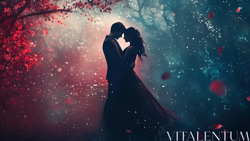 Two souls kiss within cascading crimson fire and teal dreamscape