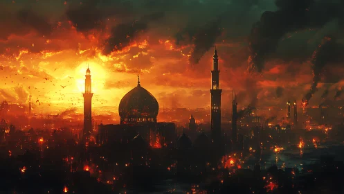 Islamic Urban Skyline Engulfed in Apocalyptic Firestorm.